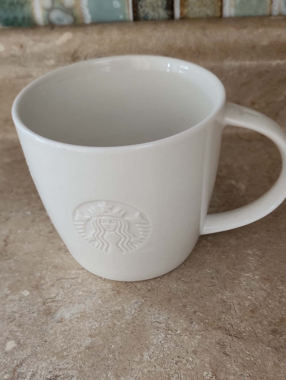 Starbucks 2010 White Embossed Mermaid Siren Logo Coffee Cup Mug T ON HANDLE